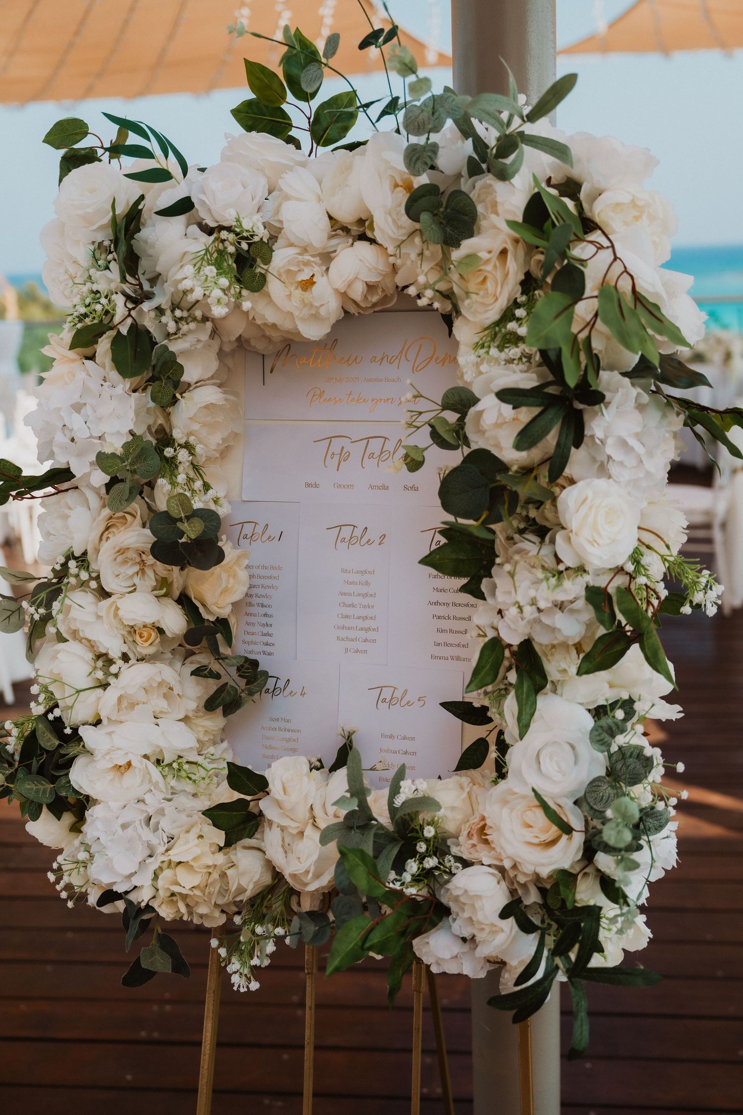 Elegant wedding seating chart framed with white roses, hydrangeas, and greenery displayed outdoors at a beach venue.