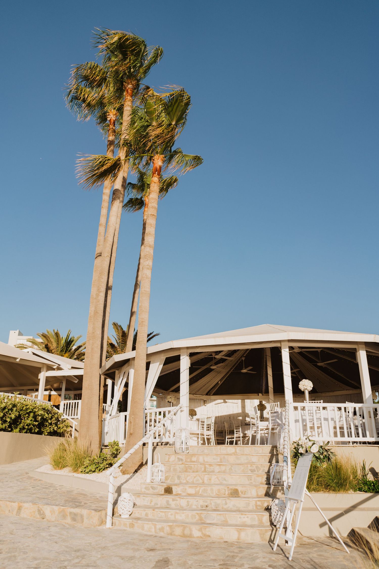 Palm trees and white wedding venue architecture against a bright blue sky.