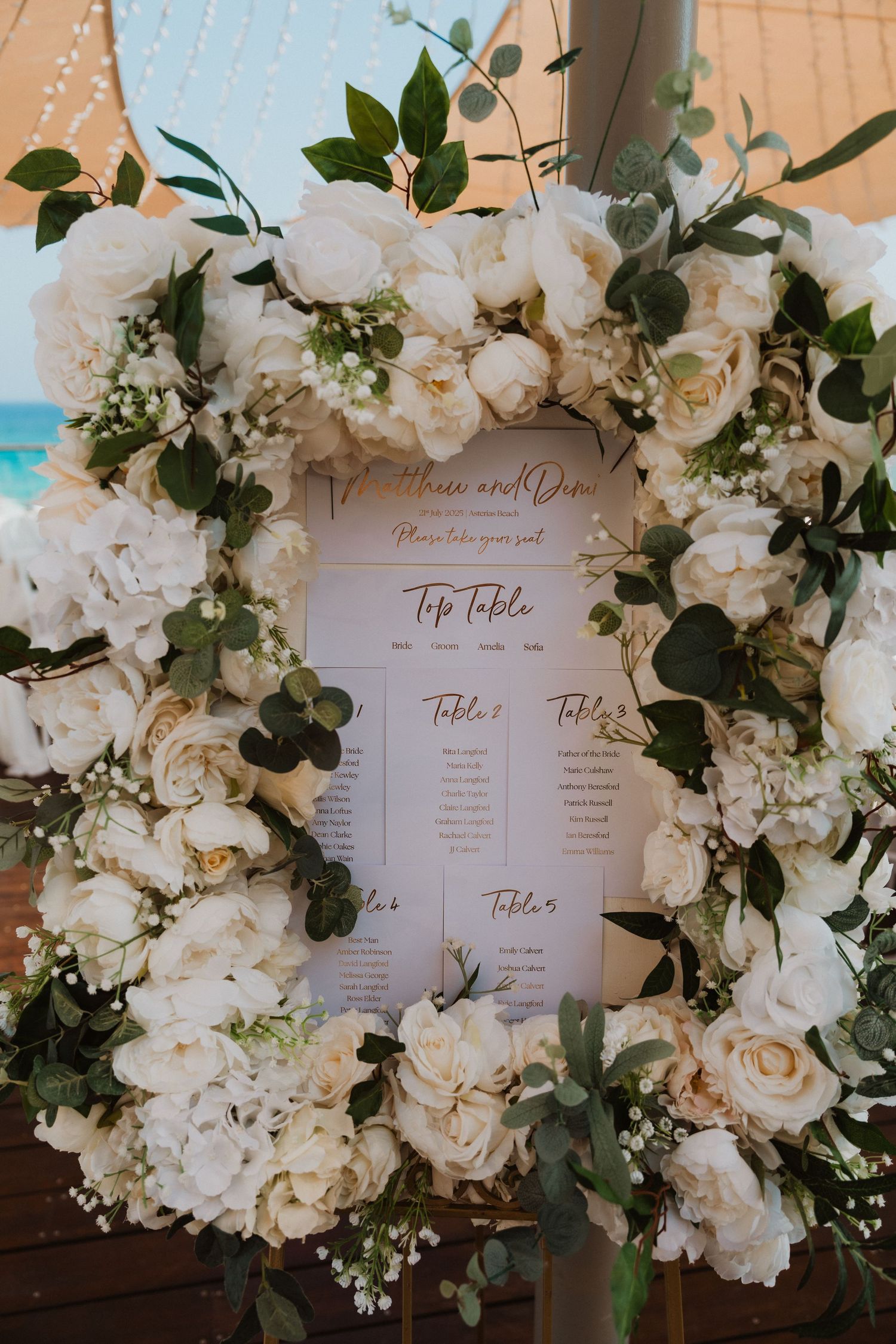 Elegant wedding seating chart displayed in a lush white floral wreath with roses, hydrangeas, and eucalyptus greenery.