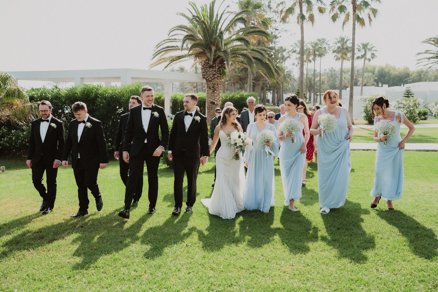 Wedding party walks on grass, groomsmen in black tuxedos and bridesmaids in light blue gowns.