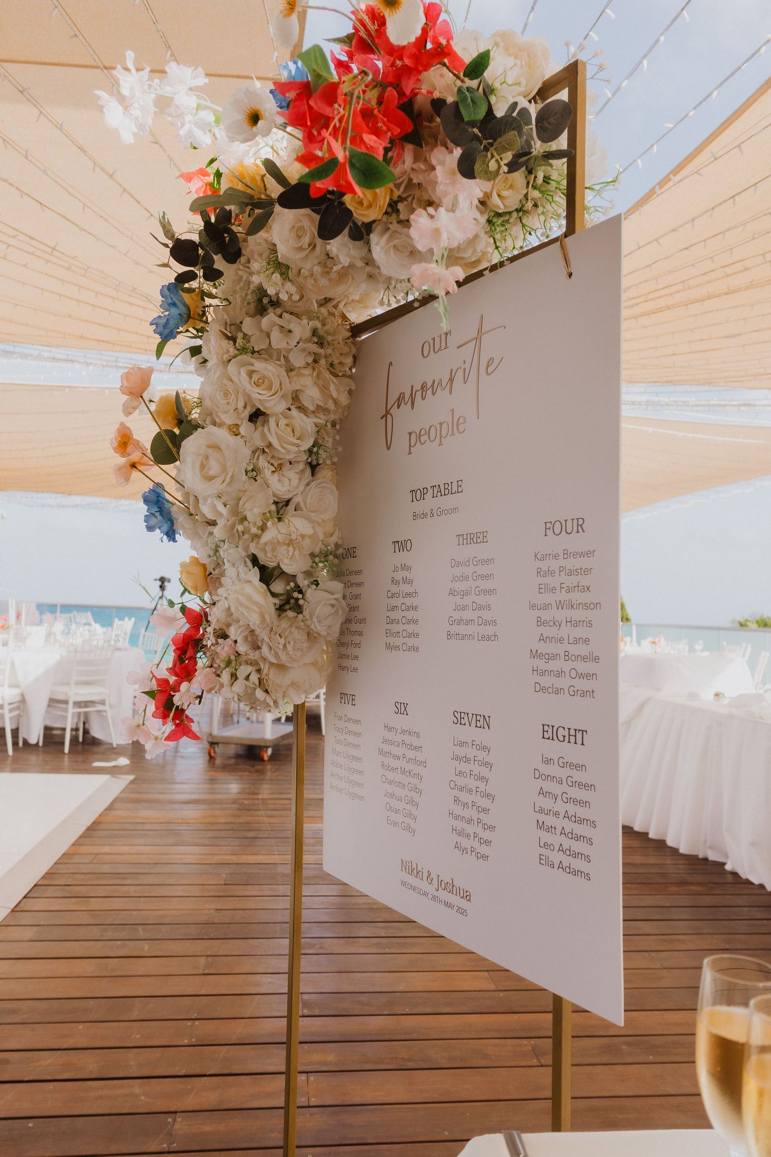 Wedding seating chart display with floral decorations and gold stands shows table assignments against wooden deck background.