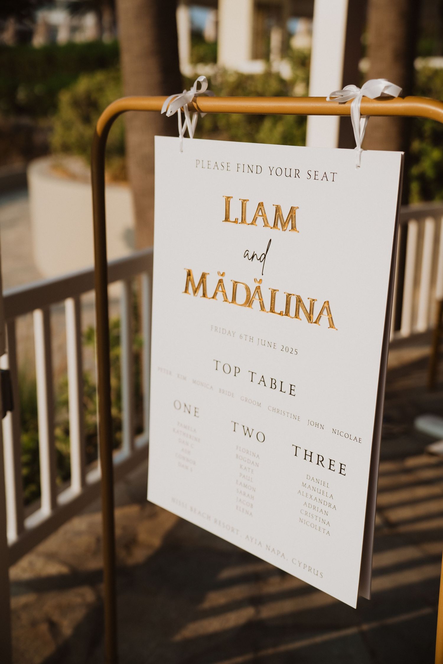 Wedding seating chart sign for Liam and Madalina, Friday 6th June 2025, displayed on gold stand.
