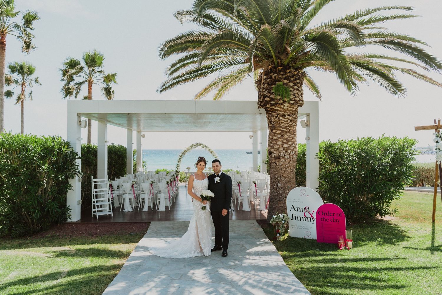A collage of outdoor wedding ceremony scenes with white chairs and palm trees along a waterfront setting.