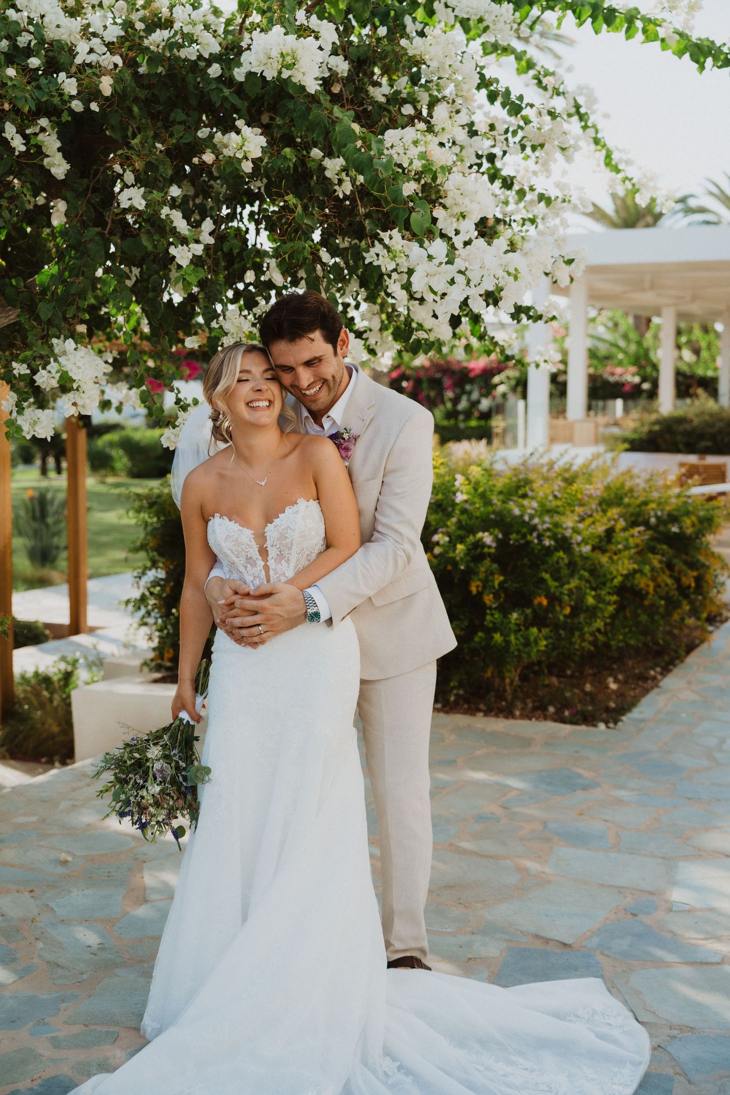 Romantic wedding photography sequence showing couple's tender moments in garden setting.