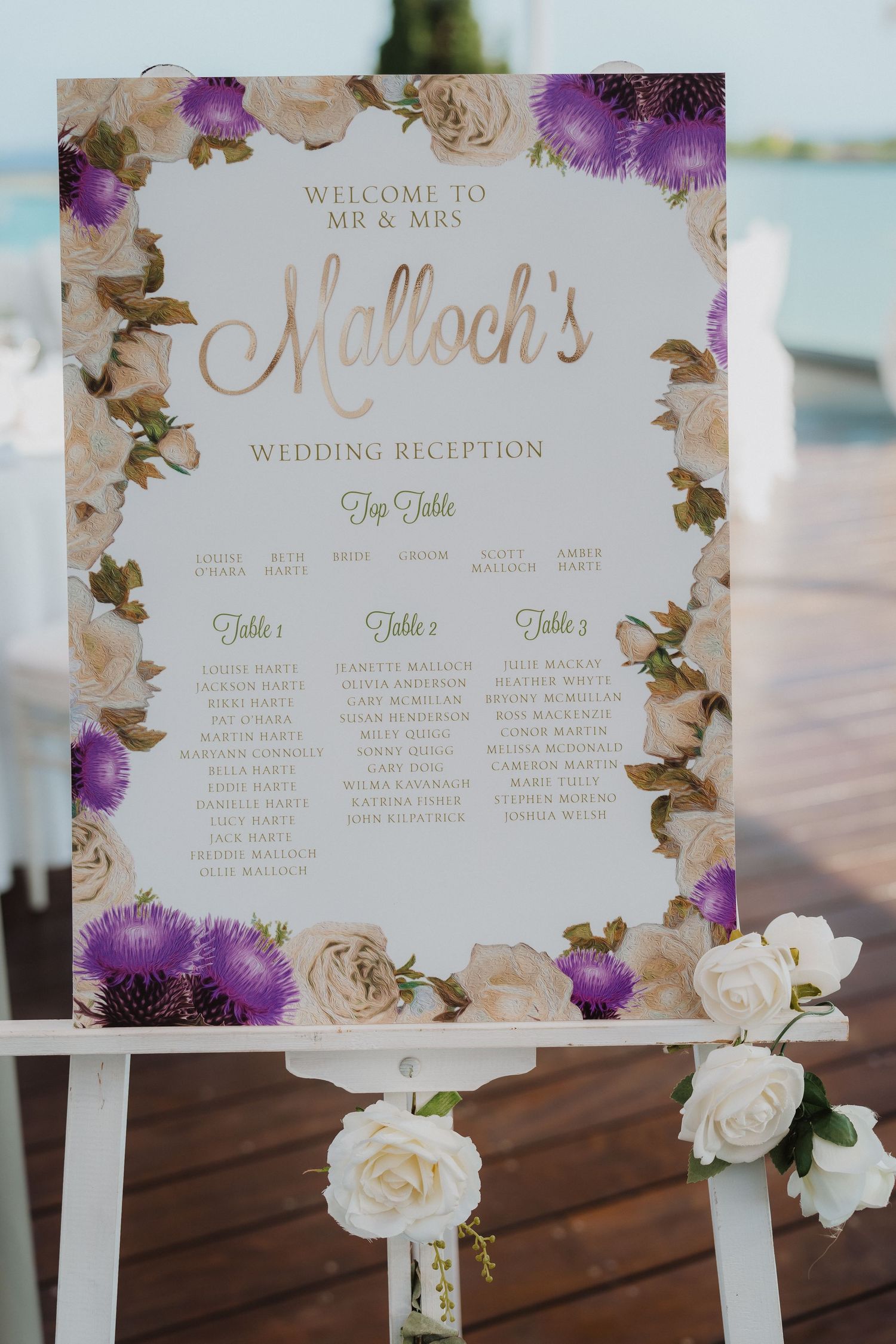 Elegant wedding reception seating chart for the Malloch's with purple and gold floral accents.