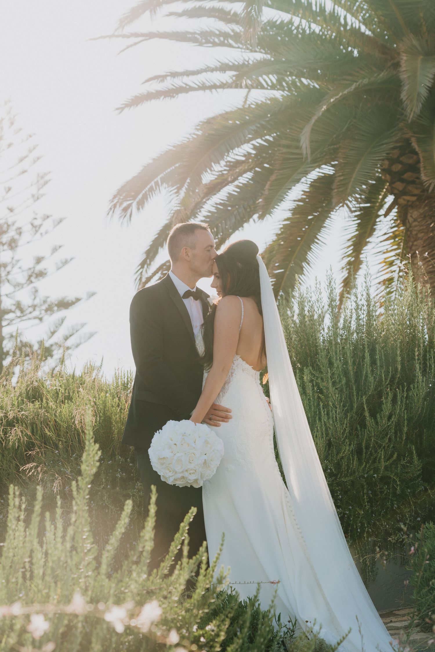 A romantic wedding moment captured in a lush garden setting with palm trees at sunset.