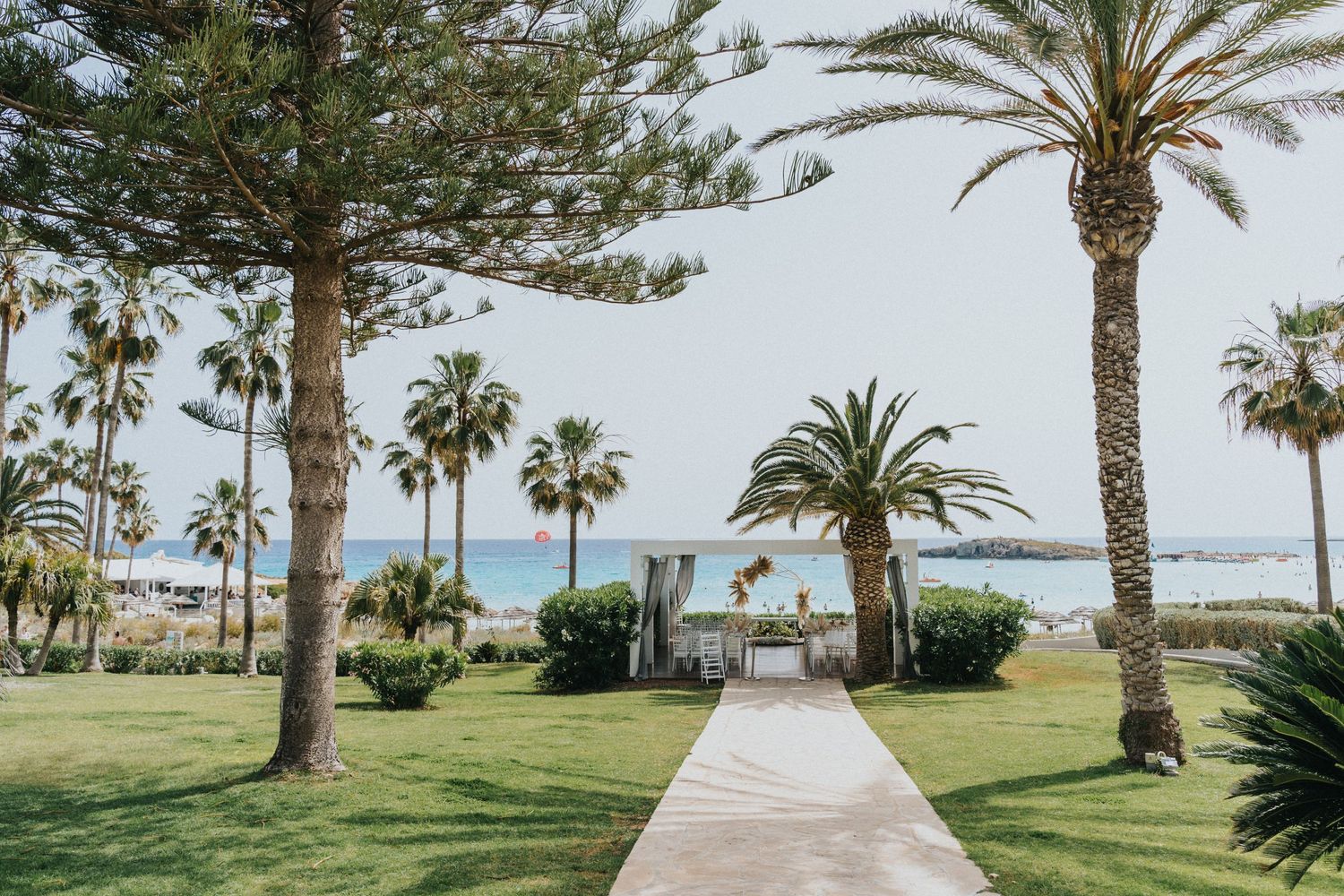 Palm tree-lined pathway leading to ocean views at a tropical destination wedding venue.