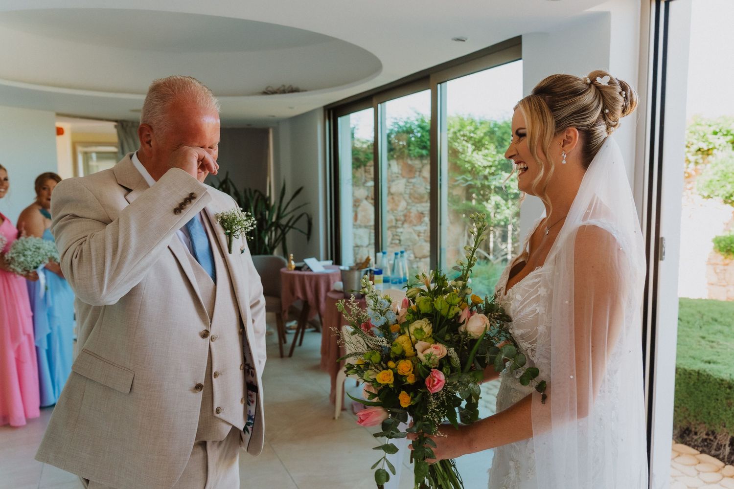 A sequence of wedding preparation moments captured in a bright hallway with floral arrangements and formal attire.