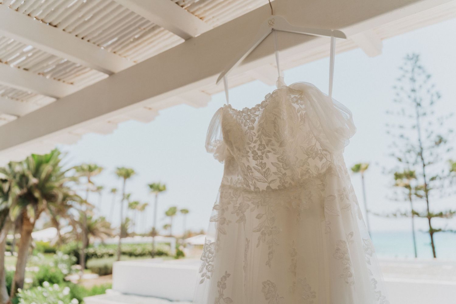 White wedding dress hangs elegantly against coastal backdrop with palm trees.