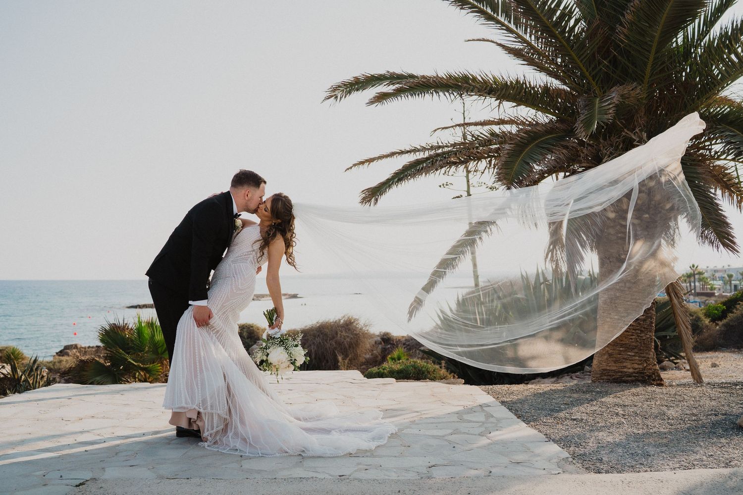 Bride and groom sharing a romantic kiss outdoors with a flowing veil, palm tree, and ocean backdrop.