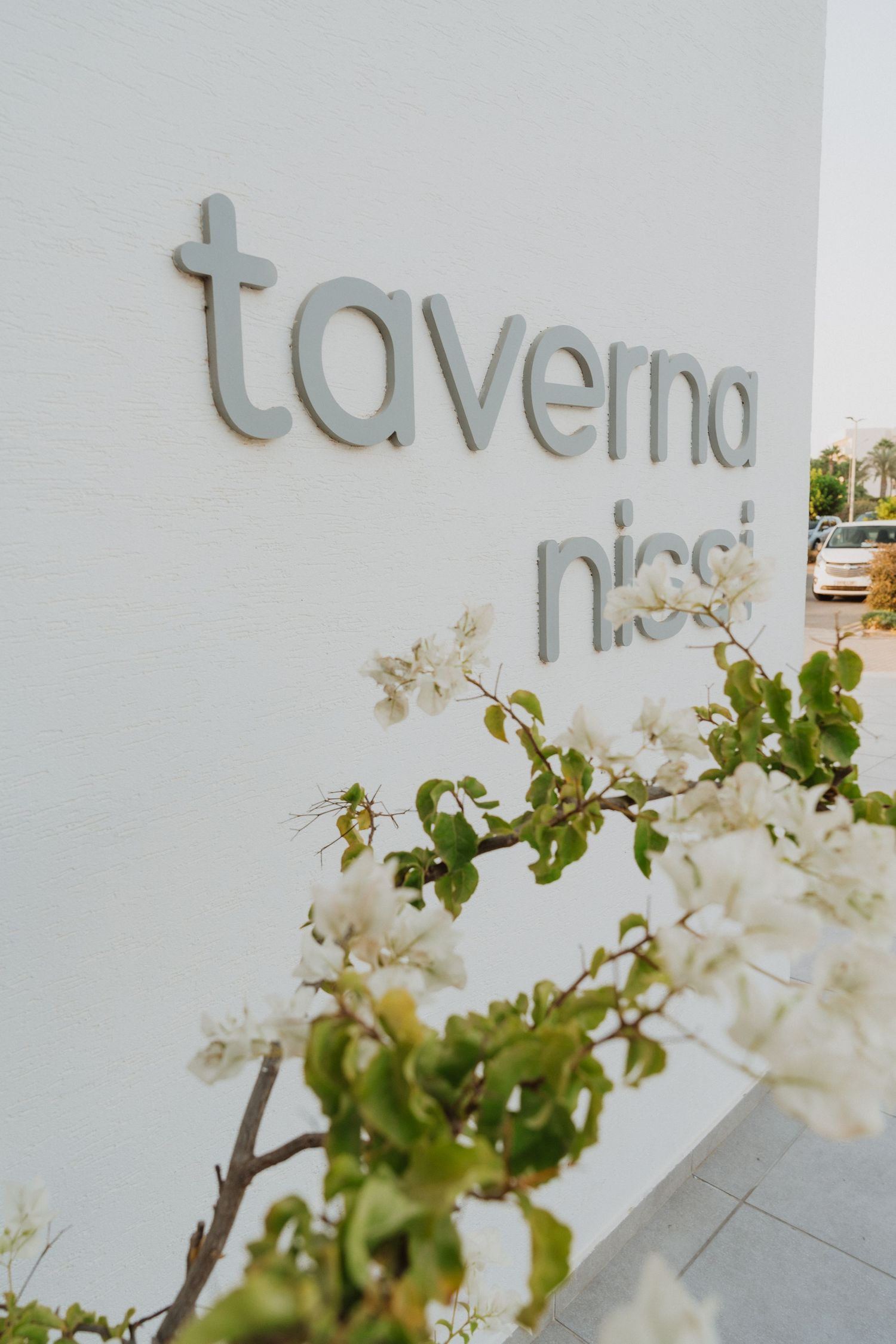 Modern signage with metallic lettering mounted on a white wall with climbing plants.
