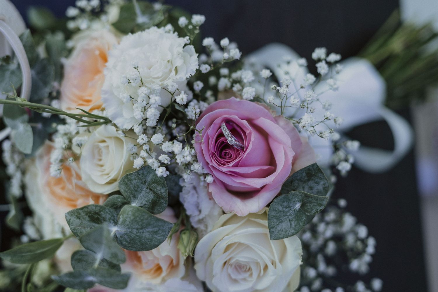 A stunning bridal bouquet featuring pink and white roses with baby's breath and eucalyptus.