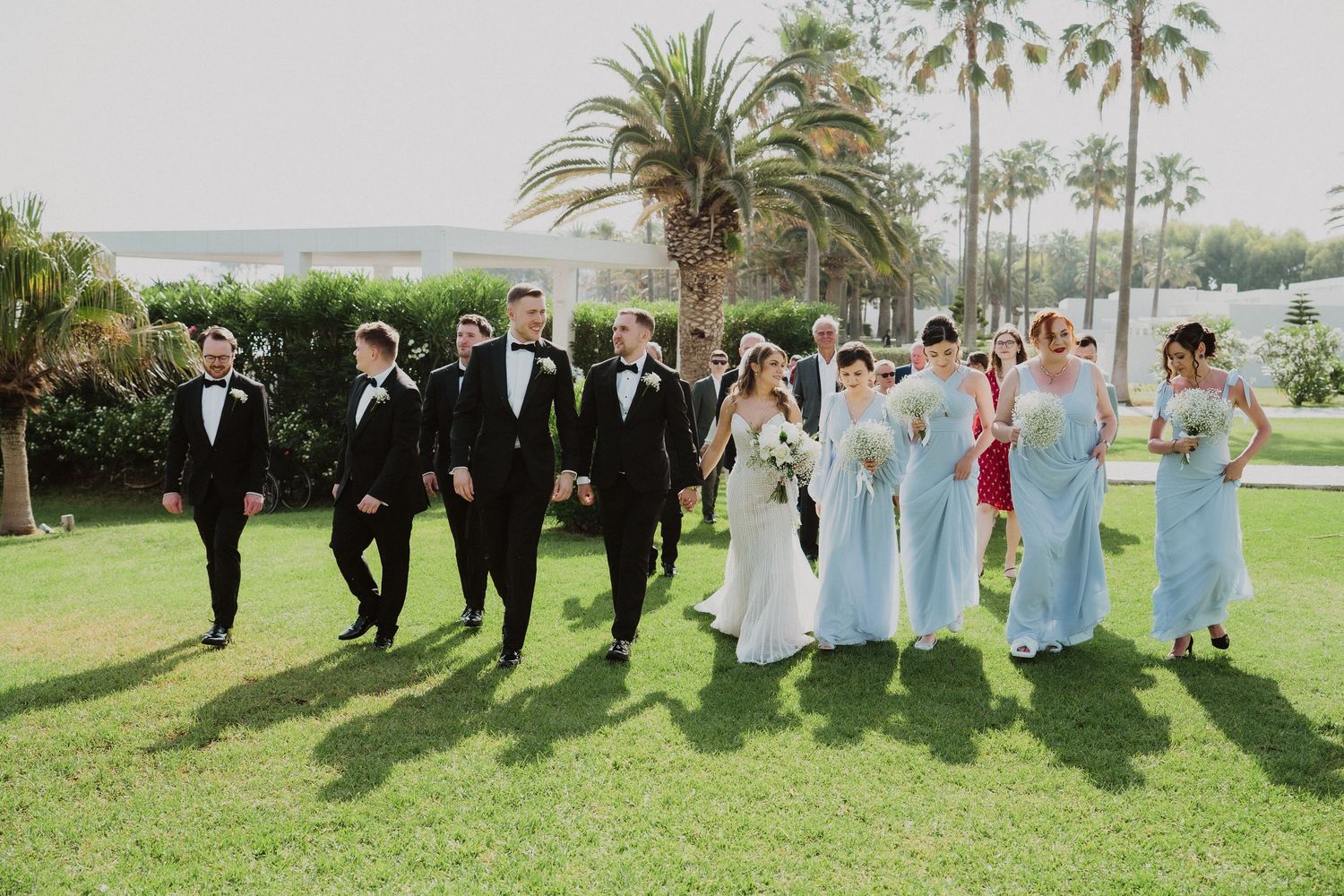 Bride and groom walk with wedding party on sunny lawn, bridesmaids in blue dresses and groomsmen in black tuxedos.