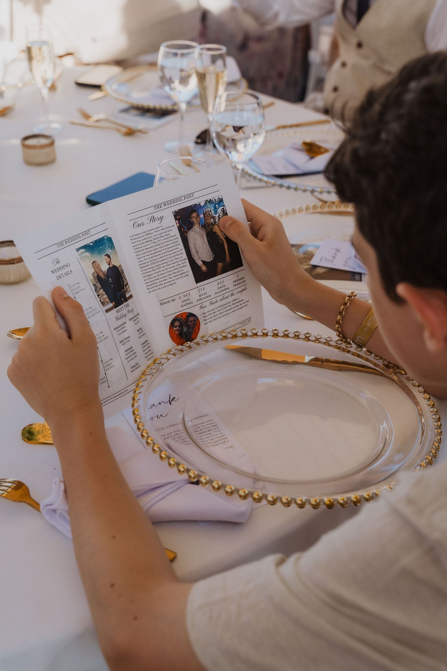 Wedding guests reading menu cards at an elegant table setting with gold-rimmed charger plates and wine glasses.