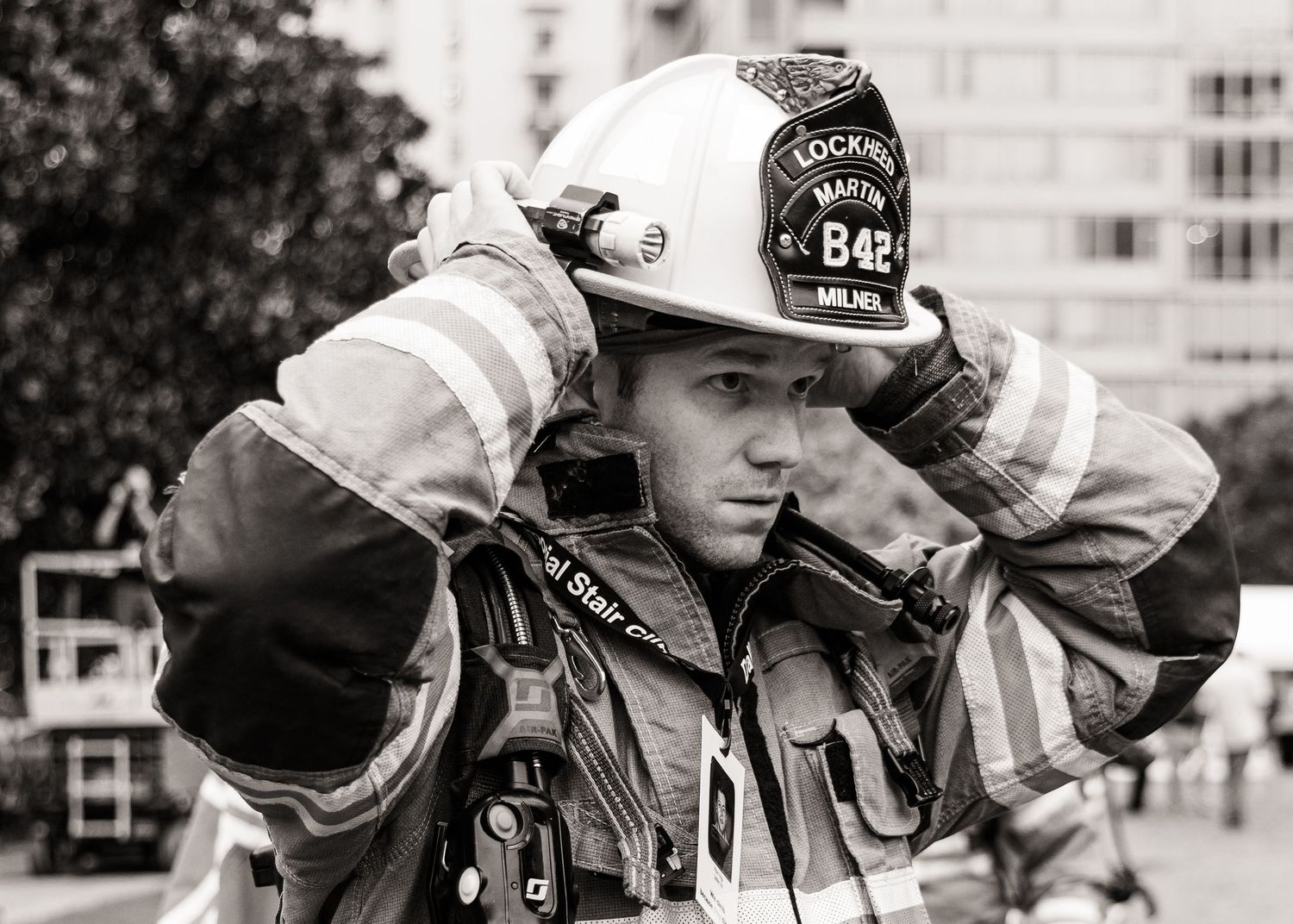 Firefighter entering building at 9/11 stair climb in dfw