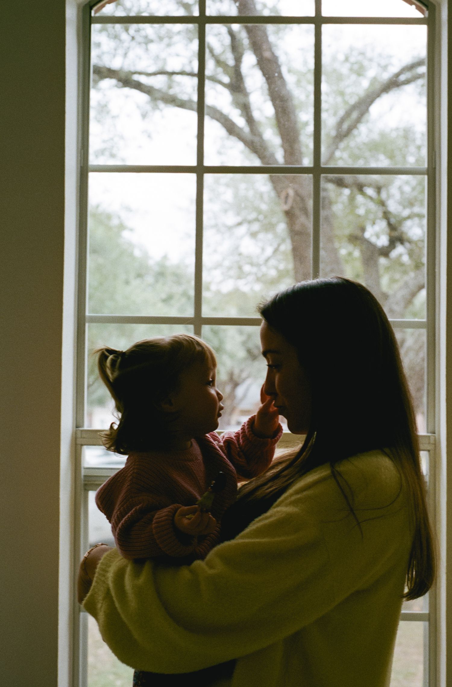 A mother holds her toddler daughter in silhouette by a large window with trees outside.