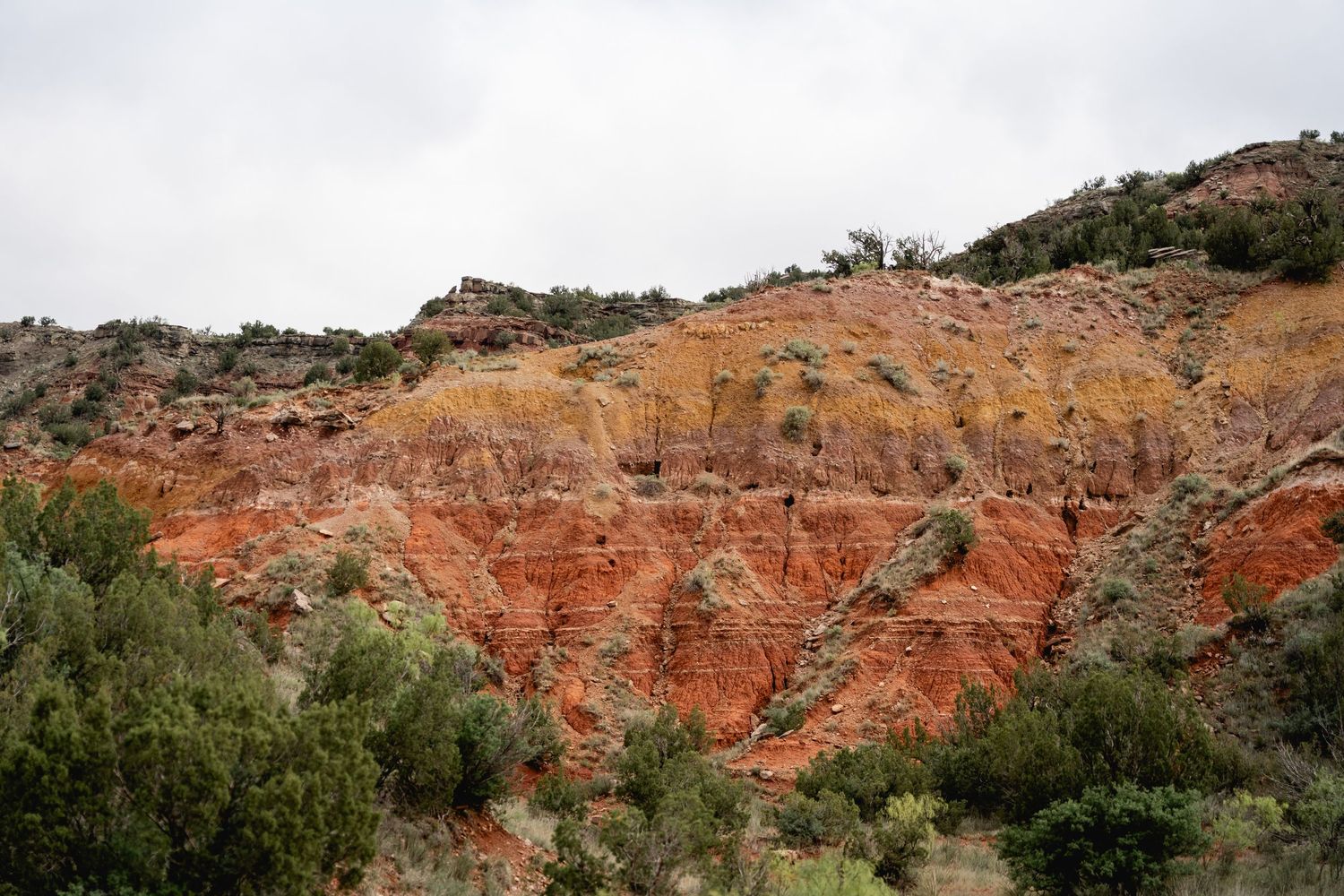 Red and orange layered sedimentary rock formations with sparse vegetation under overcast skies in an arid canyon landscape.