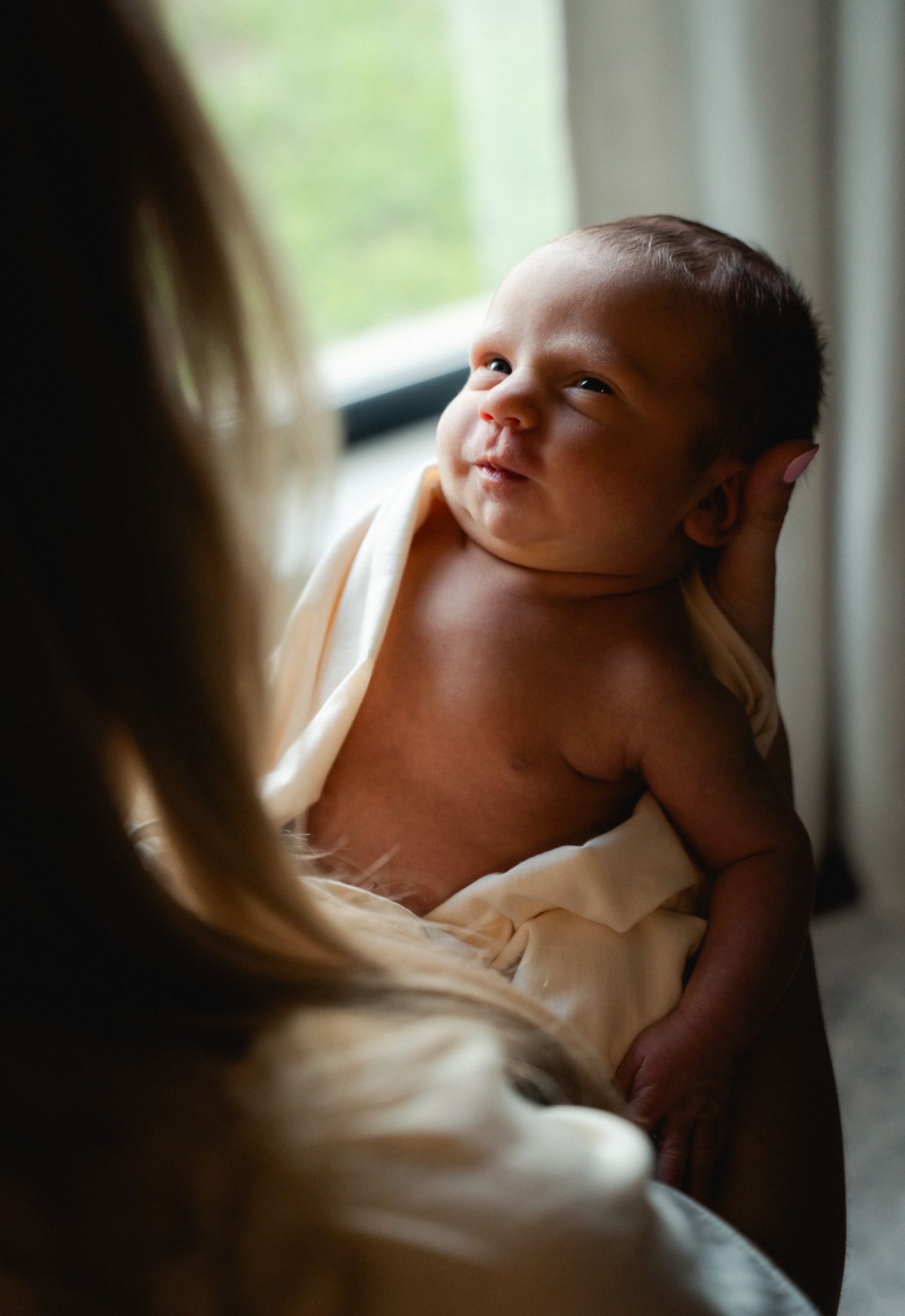 Alert newborn baby looking up while being held by mother near a sunlit window.
