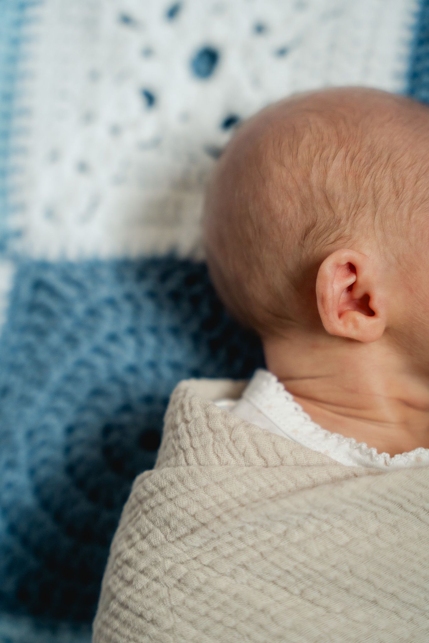 Close-up of a newborn baby's head and ear, swaddled in a cream blanket on a blue knit blanket.