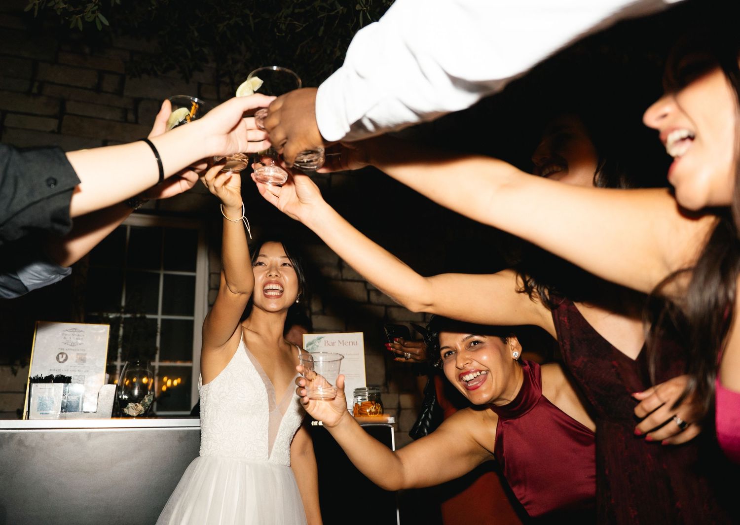 Bride and guests raise glasses in a joyful toast on the wedding dance floor.