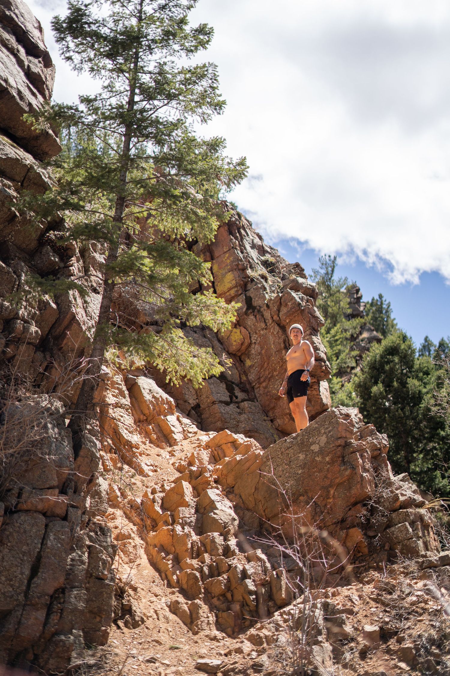 A hiker stands on rugged rocky cliffs surrounded by pine trees under a partly cloudy sky.
