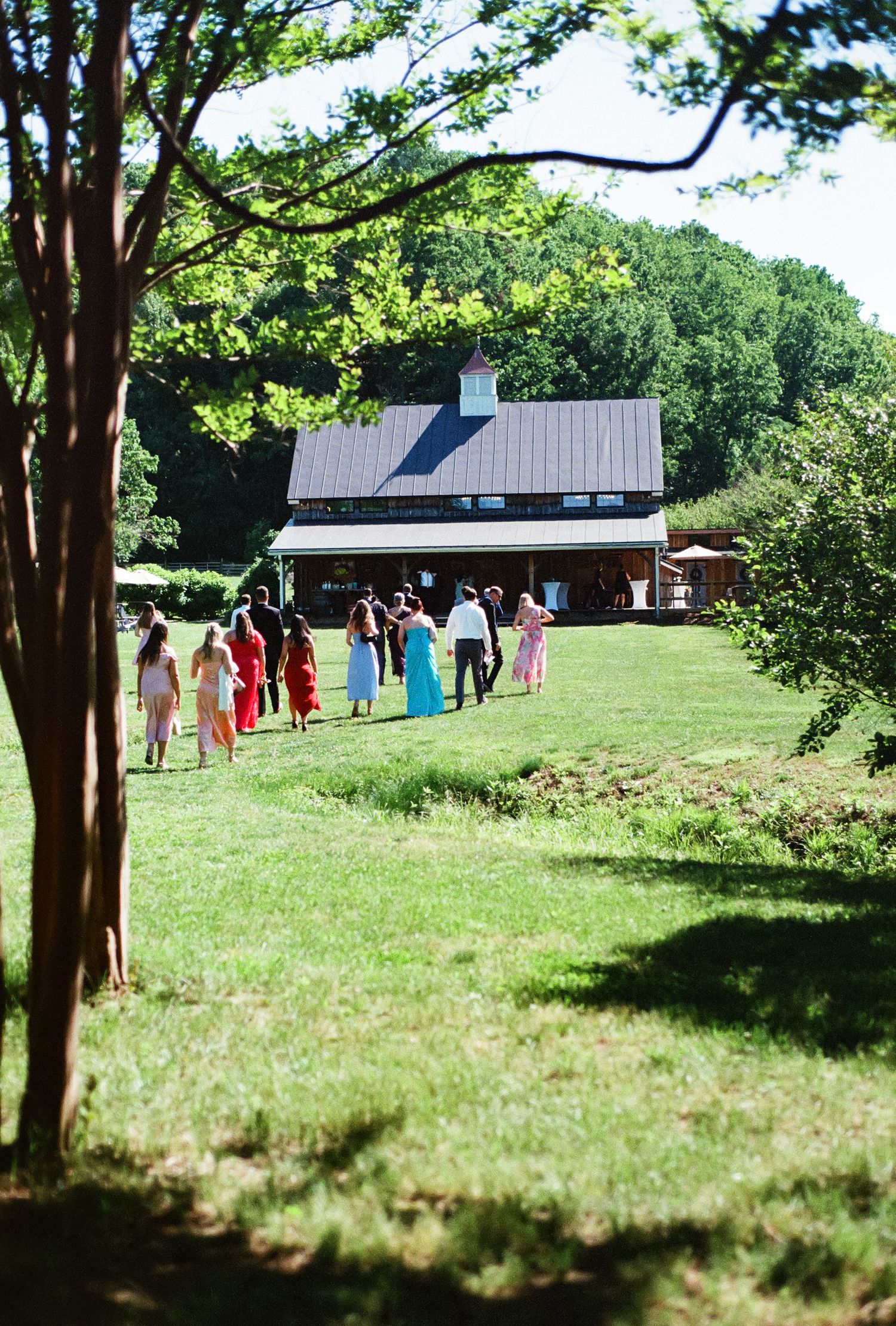 Wedding guests walking across green lawn toward rustic barn venue surrounded by lush trees.
