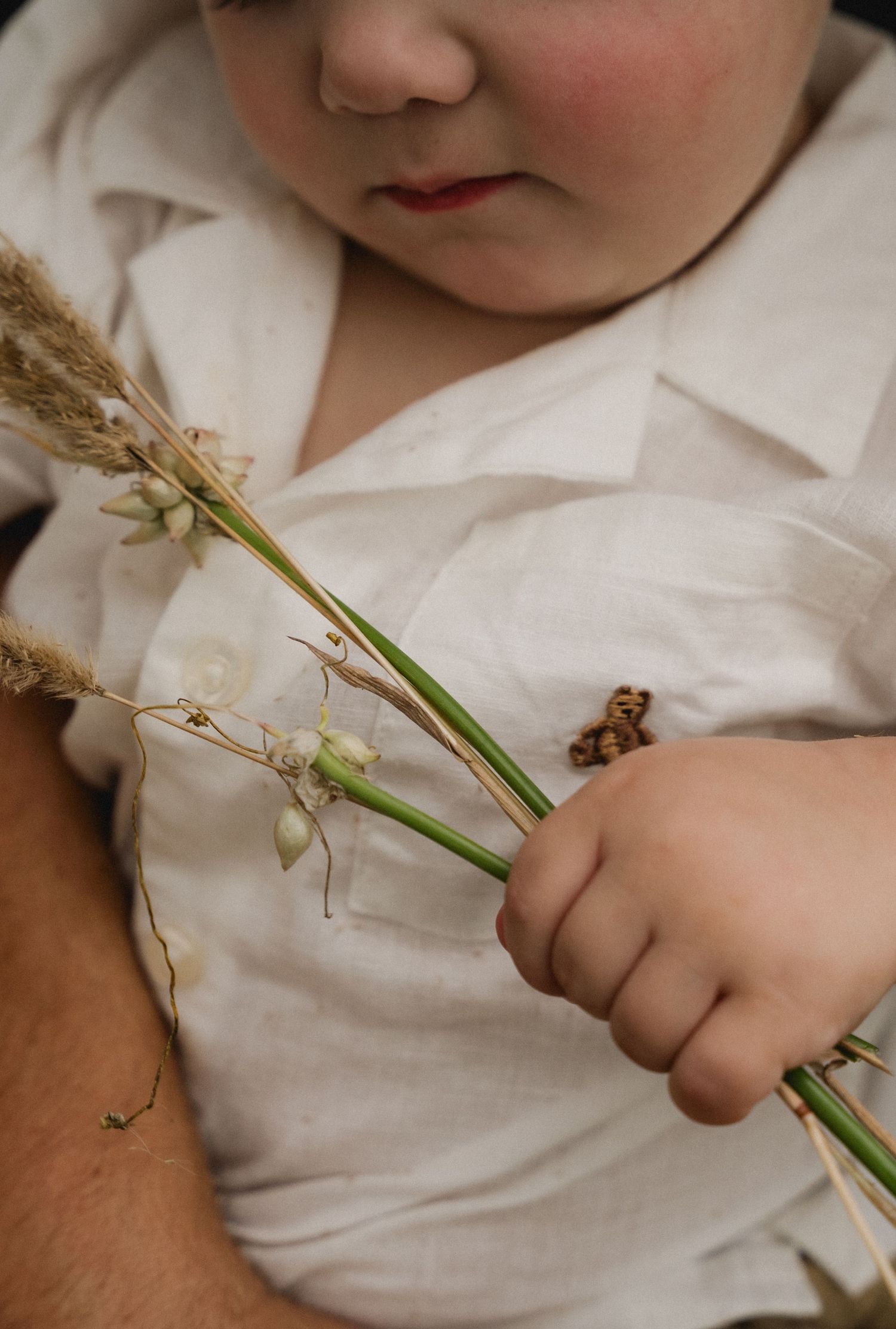A curious baby in a white shirt gently holds a bundle of wildflowers and wheat stems.