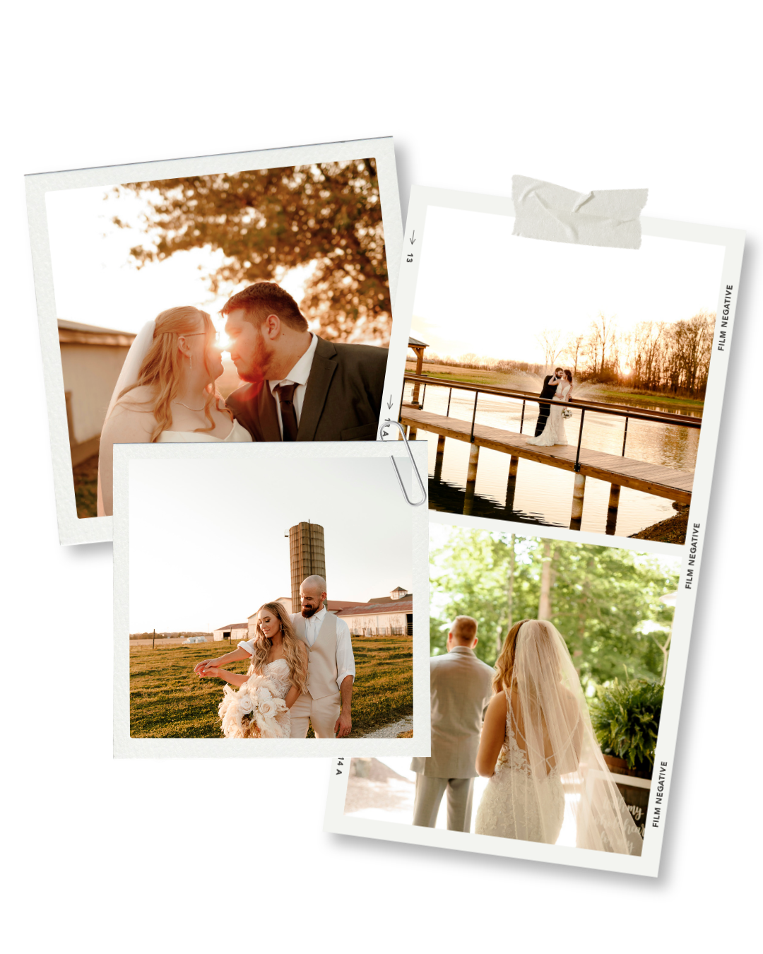 A romantic wedding photo collage featuring couples sharing intimate moments outdoors in golden hour light.