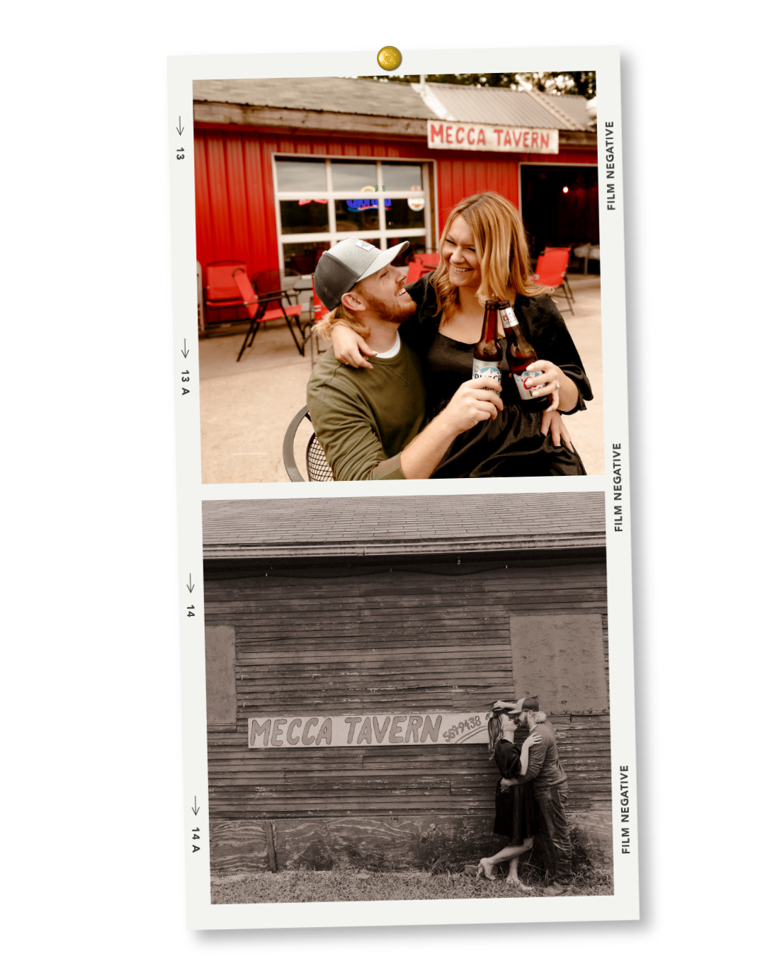 Couple smiling and toasting with beer bottles outside Mecca Tavern, with vintage film strip style black and white photo below.
