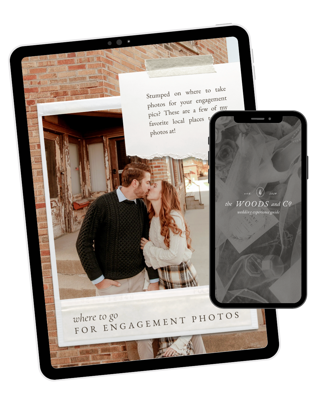 A collage of romantic engagement photos displayed on mobile devices against a neutral background.