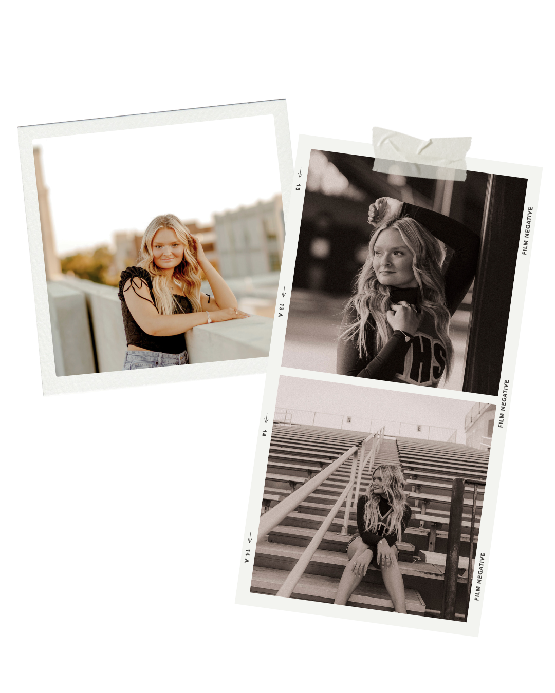 A series of black and white polaroid style photographs arranged in a scattered layout showing artistic portraits.