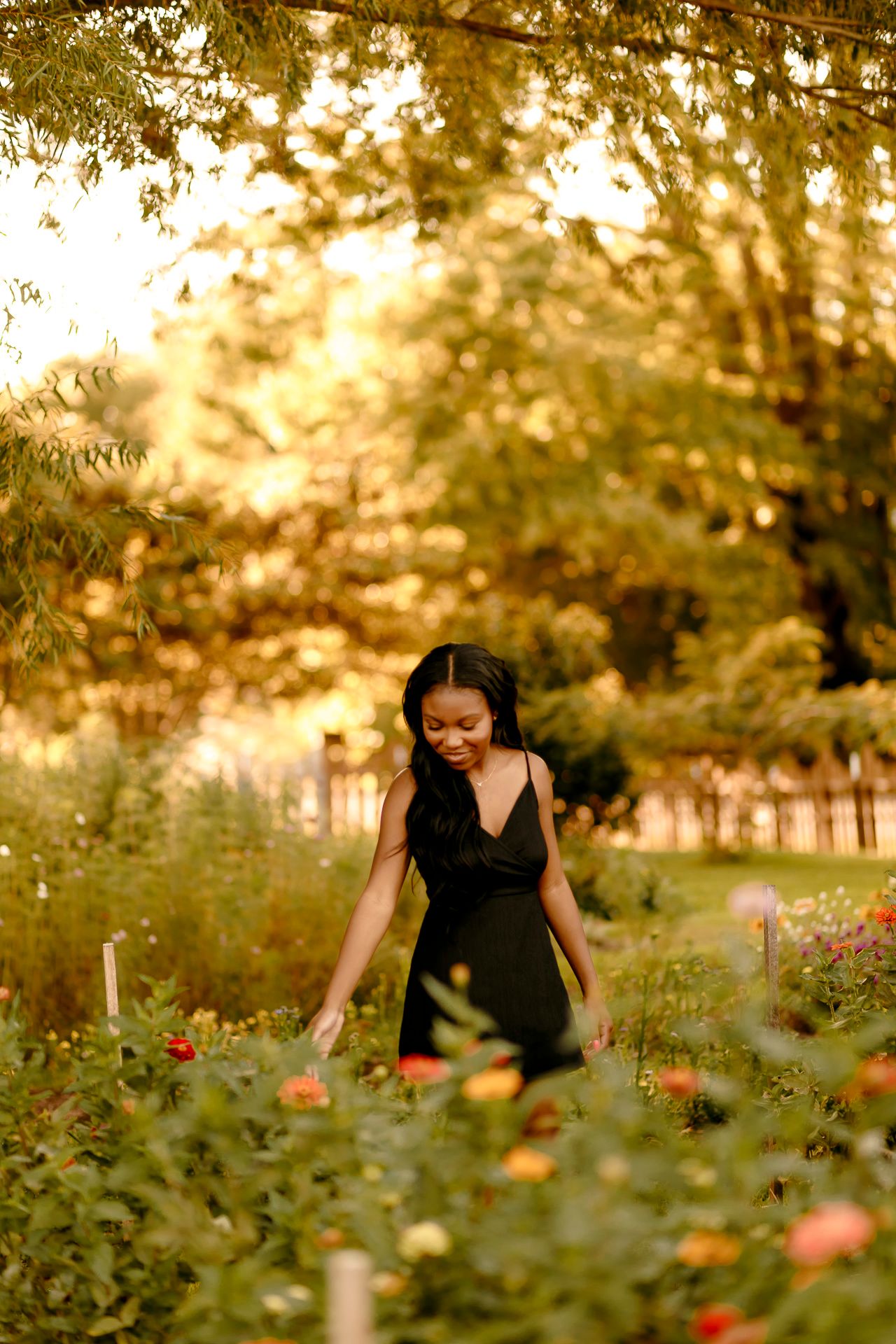 Woman in black dress admiring colorful flowers in a sunlit garden during golden hour.