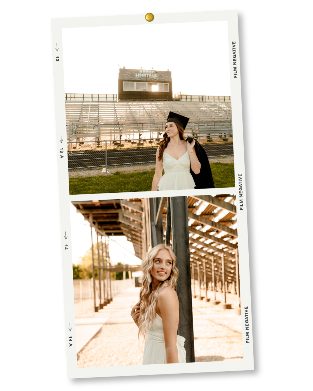 Two graduation photos on film negative strip showing a woman in cap and gown at stadium and blonde woman by columns.