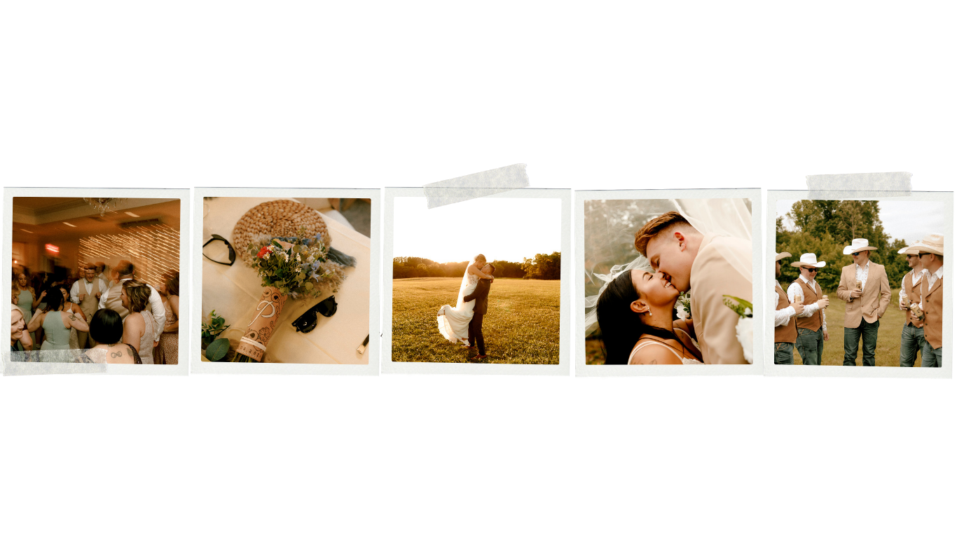 A collage of five Polaroid-style wedding photos showing a rustic outdoor ceremony, couple portraits, and guests in cowboy hats.