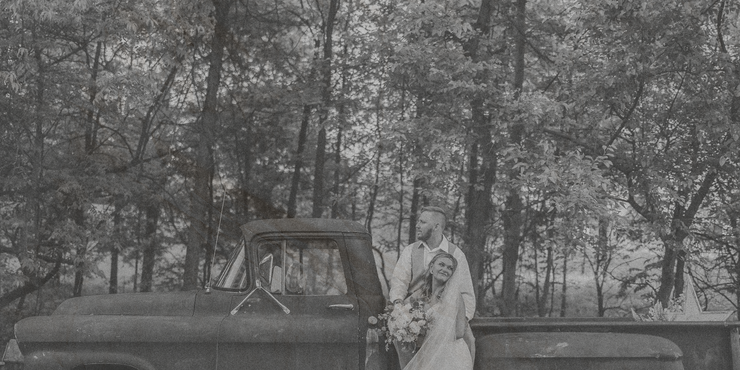 A black and white photo collage showing a couple embracing in a park setting during their wedding celebration.