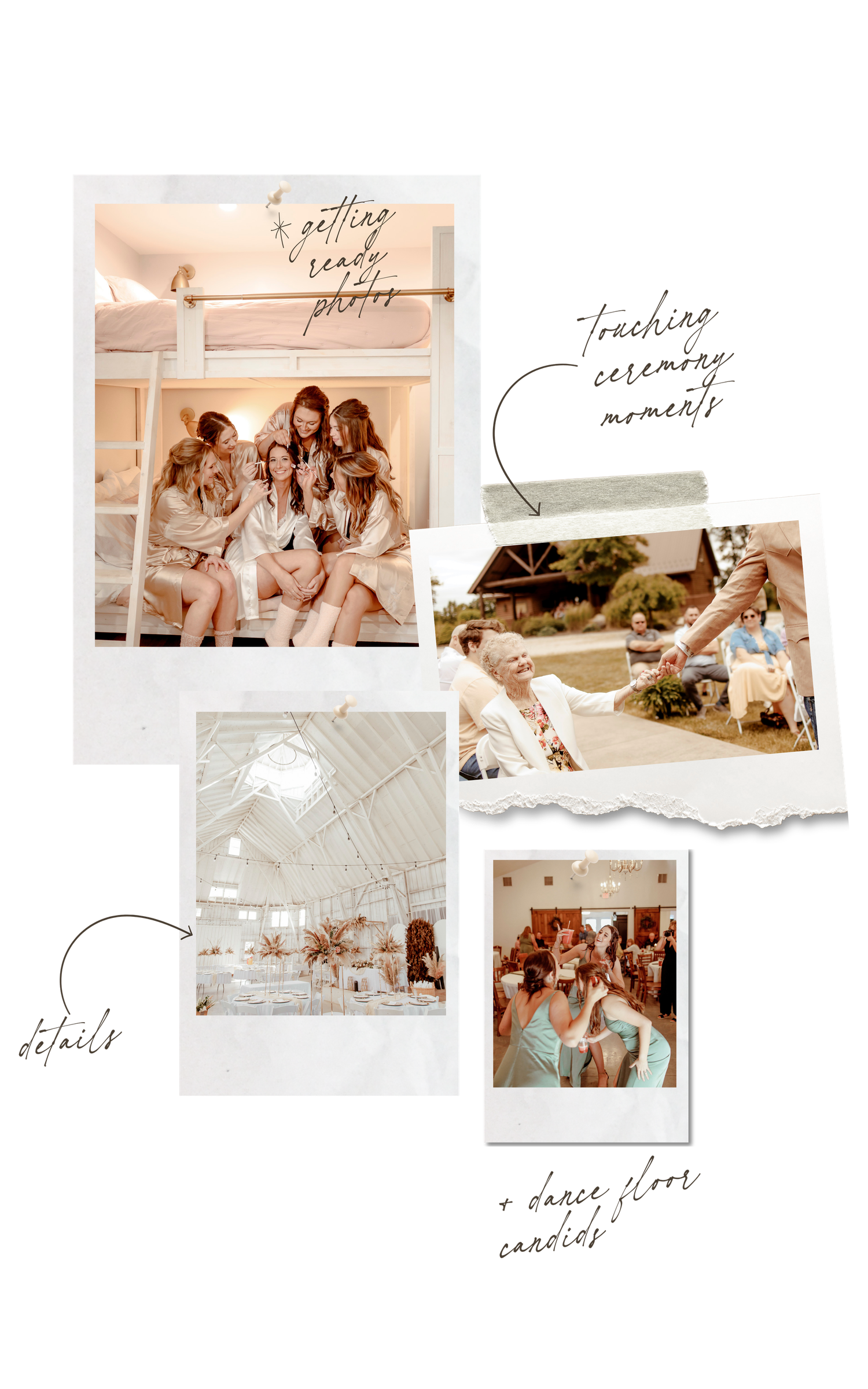 A collection of vintage-style polaroid photos arranged artistically showing group moments and memories at various events.