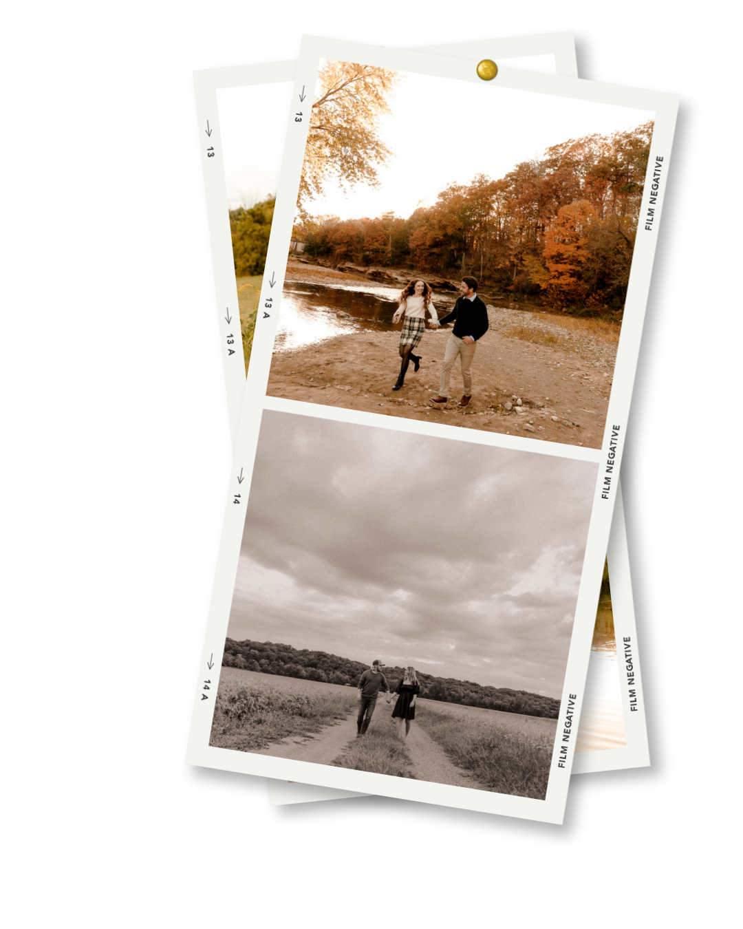 Vintage film strip photos of a couple walking by a river in autumn and along a rural path in sepia tones.