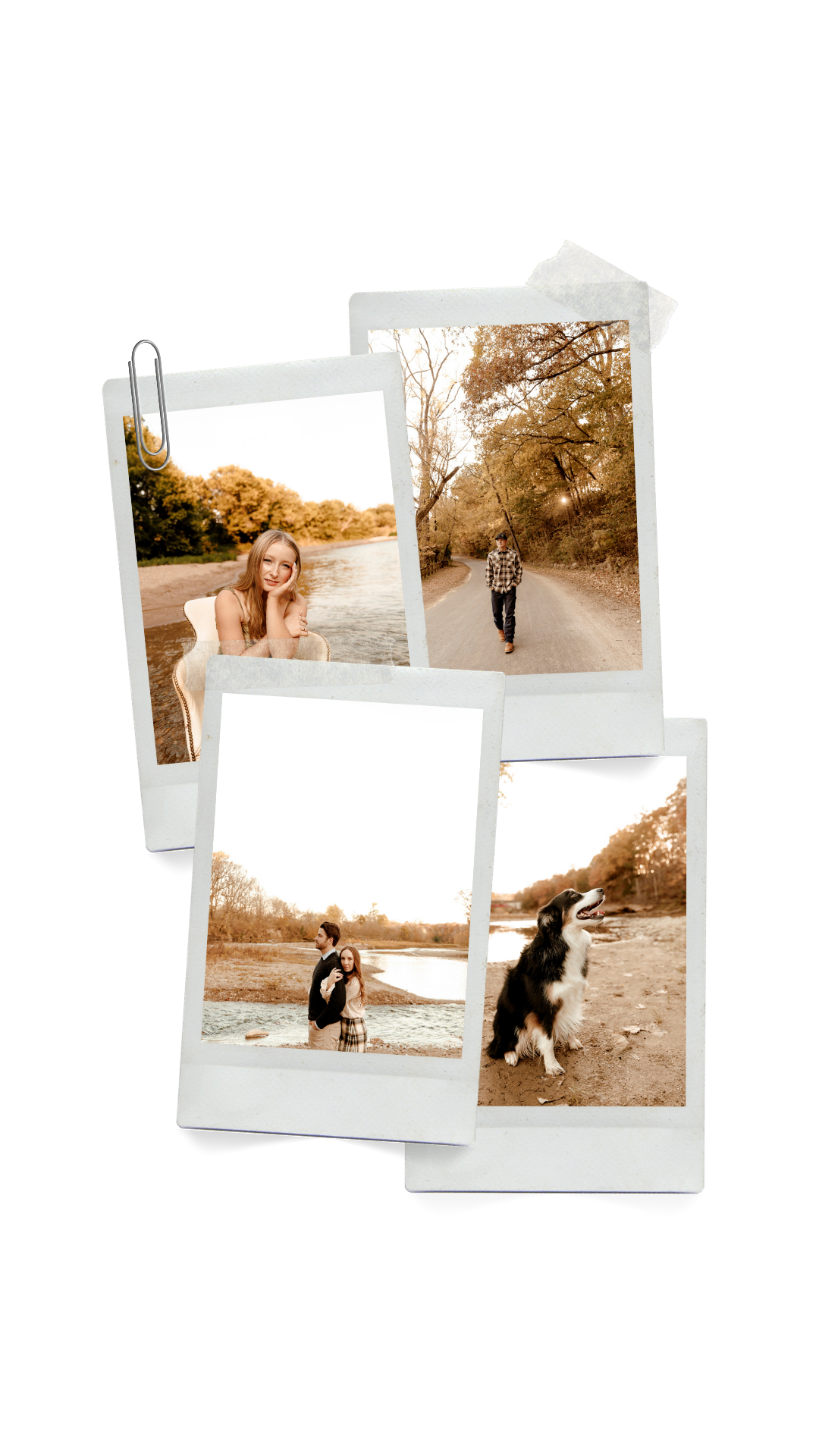 Four Polaroid-style photos showing a woman by a river, a person on a forest path, a couple wading, and a Border Collie on a beach.