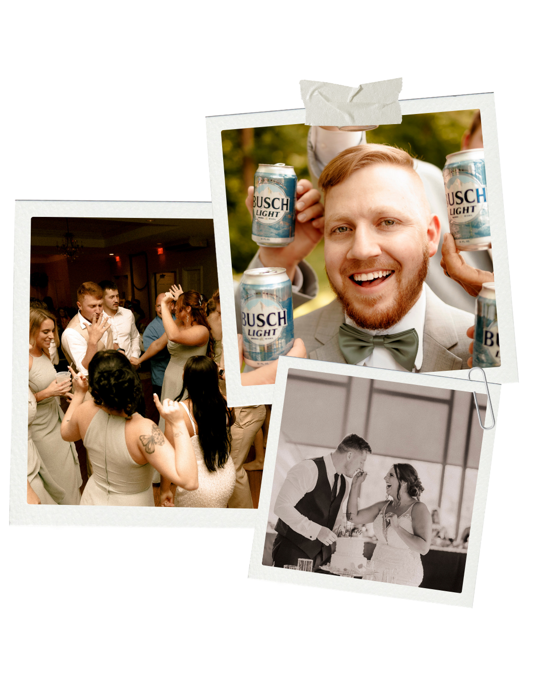 Collage of wedding reception polaroids featuring guests dancing, groom holding Busch Light cans, and couple cutting cake.