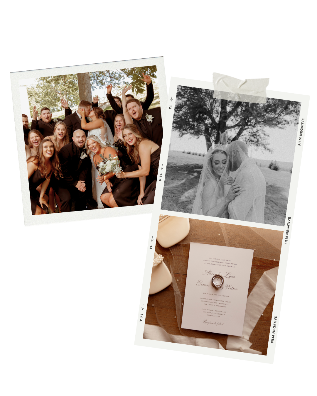A collection of wedding photos showing invitations and group celebration moments arranged in a scattered layout.