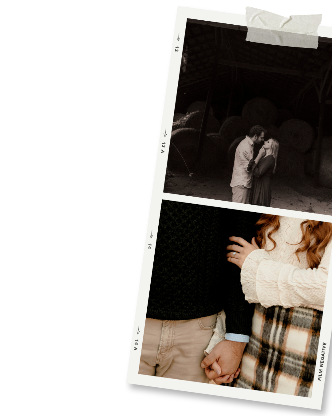 Romantic couple embracing in a dimly lit barn, with a close-up of them holding hands in cozy autumn outfits.