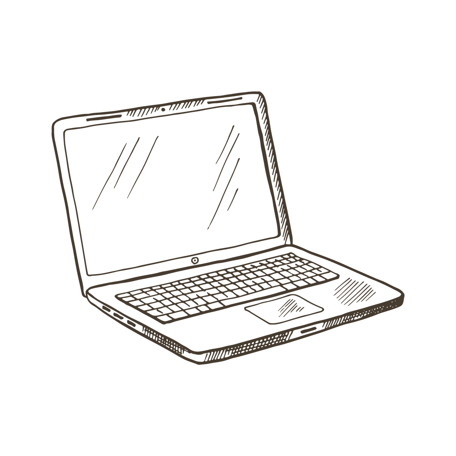 Four laptop computers shown in a simple line drawing illustration with varying angles and perspectives.
