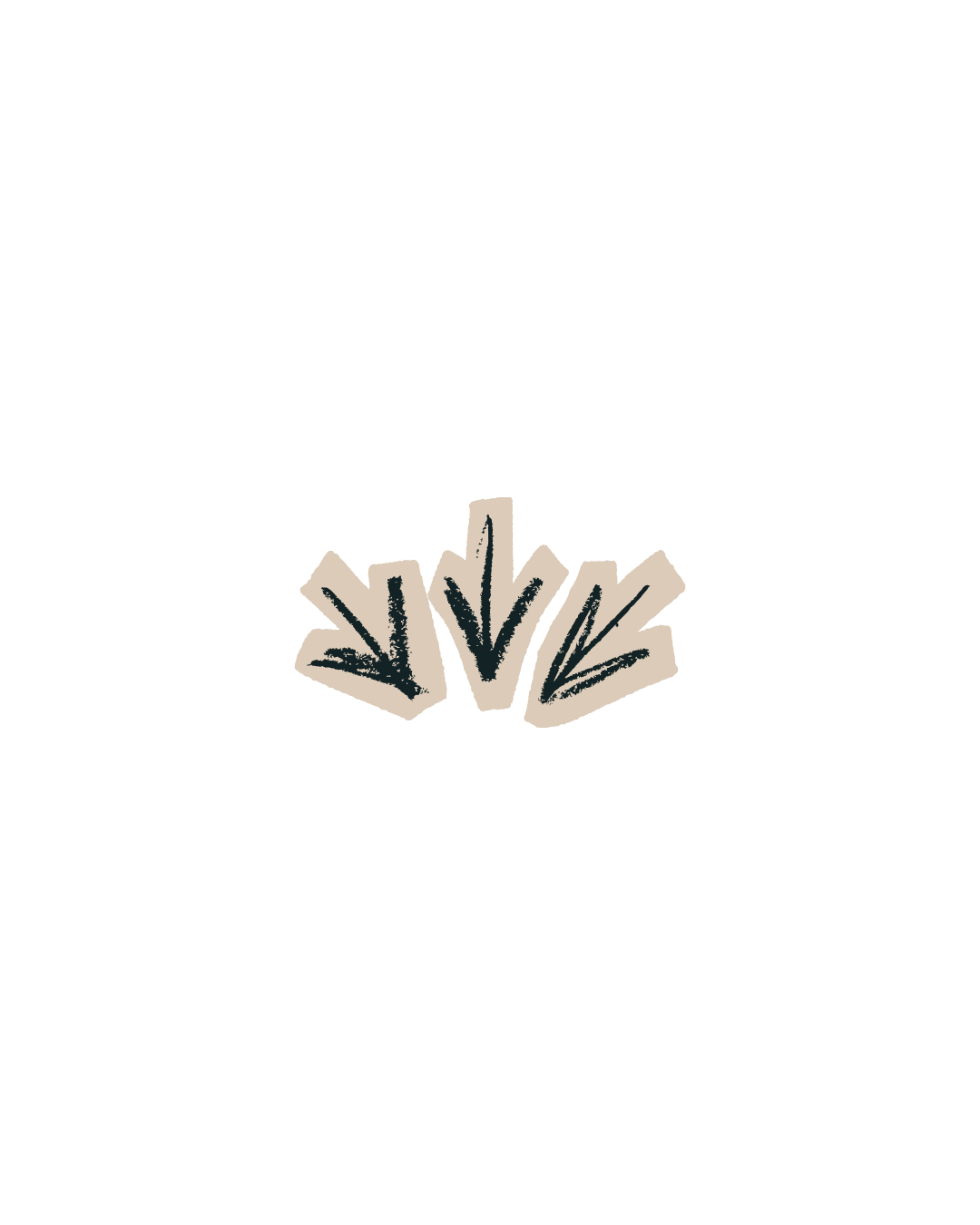 Minimalist botanical stamp print featuring three dark green arrow-shaped leaves on a beige background.