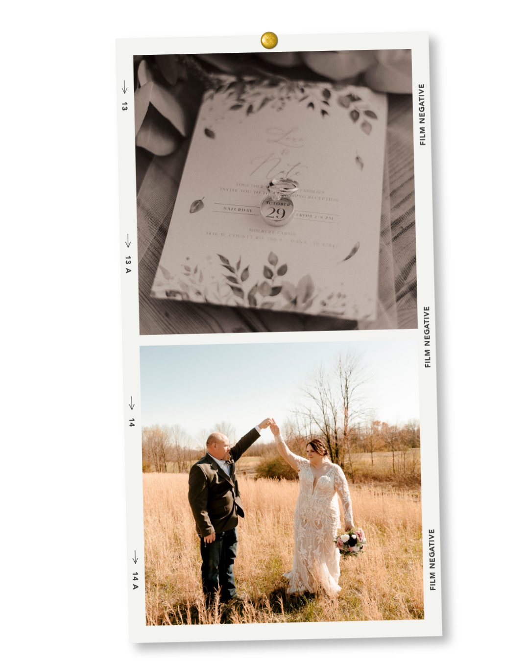 A couple dances in a golden field, with a close-up of elegant wedding invitation featuring botanical illustrations.