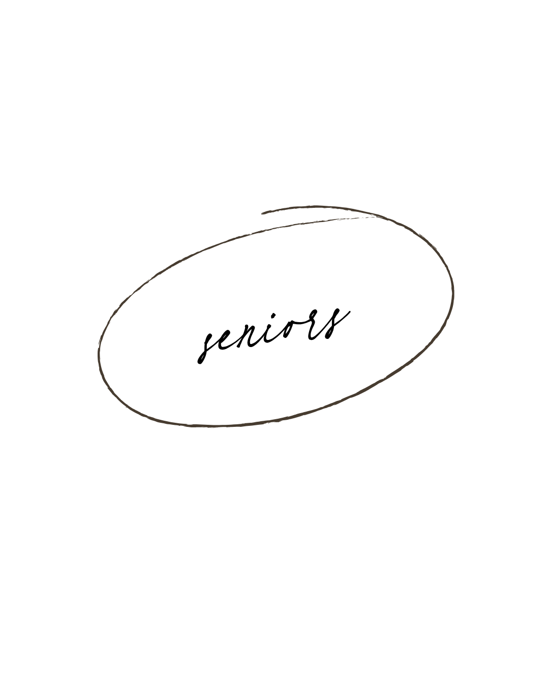 Hand-lettered word seniors in cursive script inside a hand-drawn oval circle on white background.