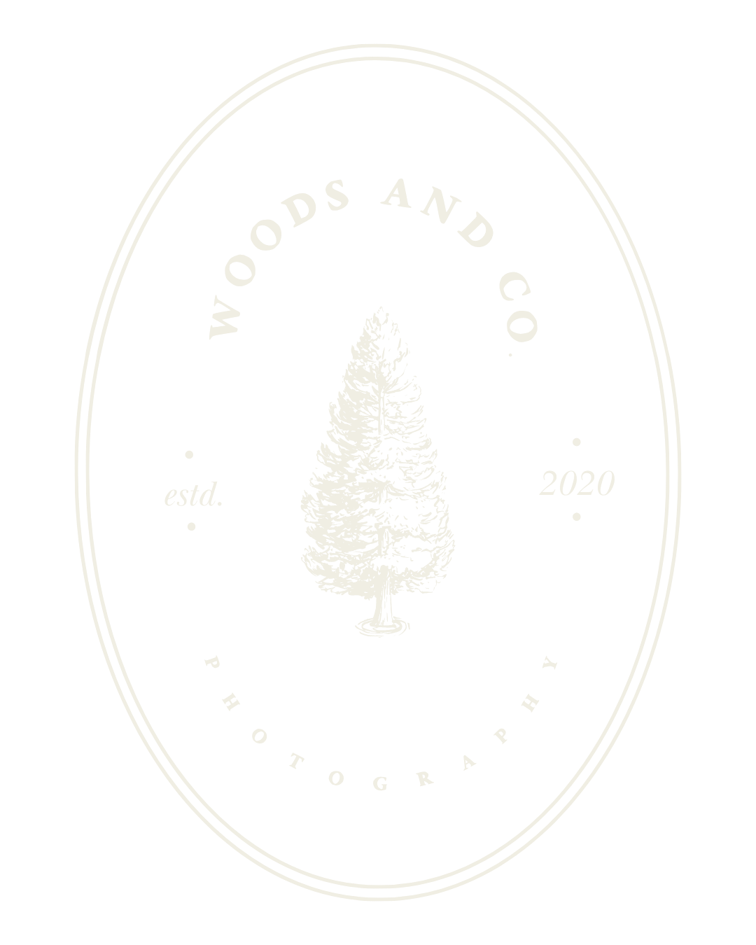 Woods and Co. outdoor brand logo featuring a pine tree illustration inside an oval frame, established 2020.