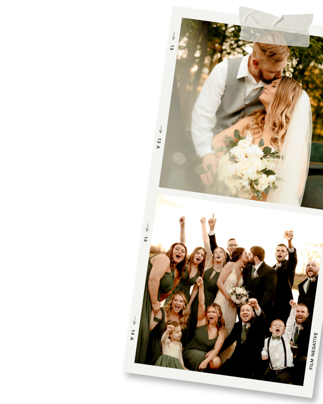 A joyful wedding couple shares a tender moment with their bridal party celebrating behind them in a film strip style photo.