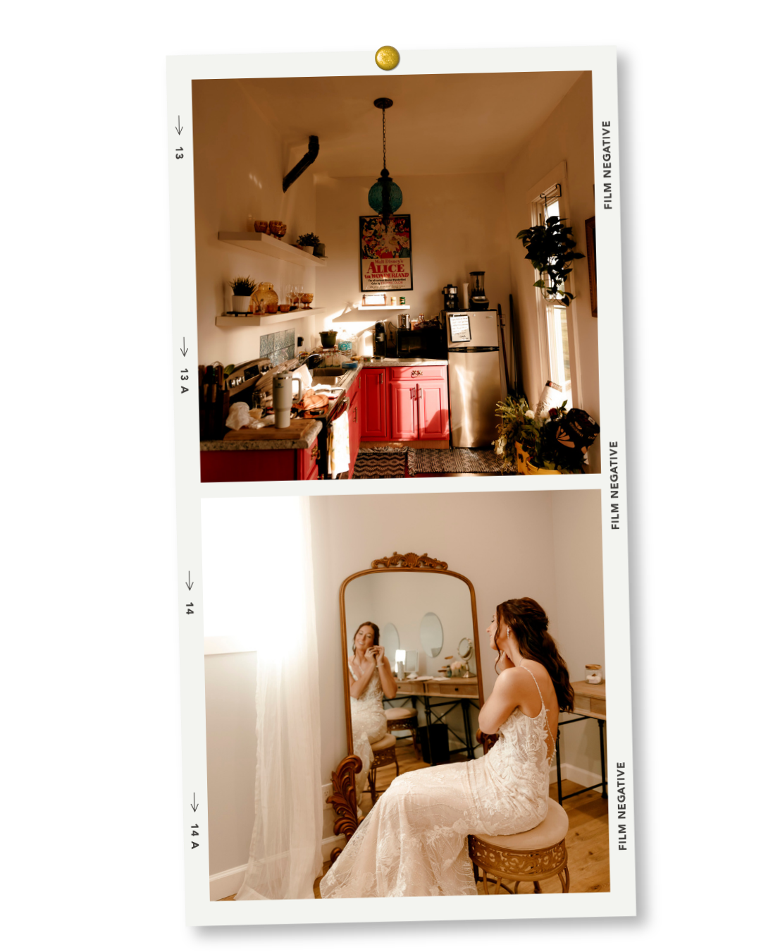 Bride in lace gown sits before ornate mirror in bright room, while a cozy kitchen with red cabinets is shown above.