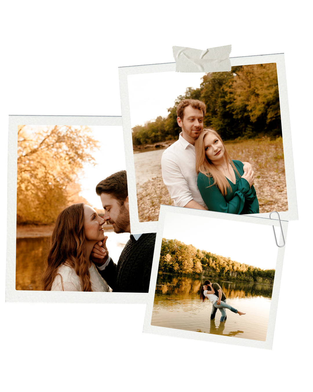 Three polaroid-style photos of a couple in autumn outdoor settings, including a lakeside lift pose and cozy embraces.