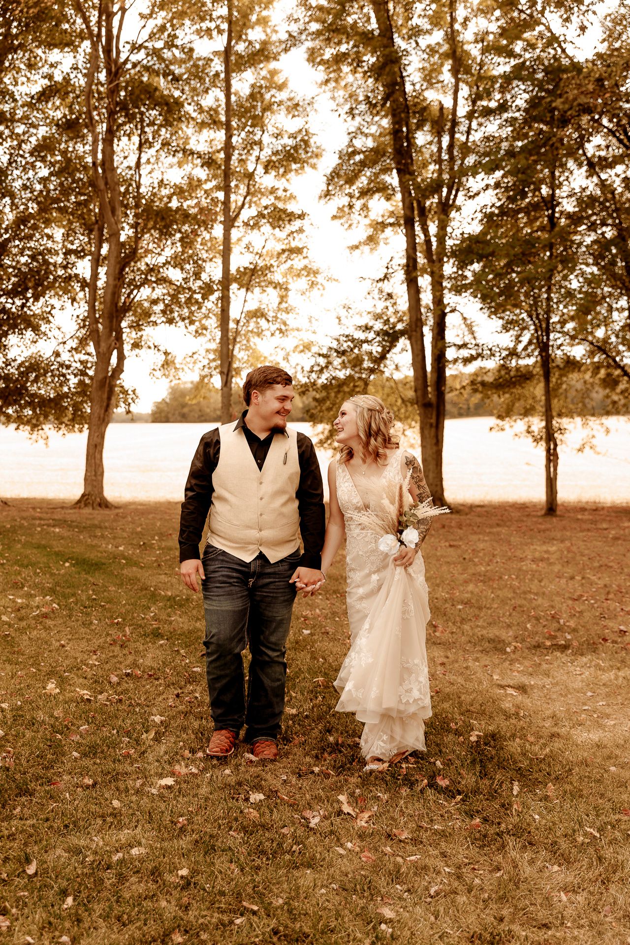A romantic sepia-toned photo series showing a couple walking through a sunlit park with autumn trees.